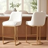 ROCITY Velvet Counter Stools with Gold Legs Beige Counter Height Bar Stools Set of 2 Modern Upholstered Kitchen Island Chairs with Back 26 Inch Bar Stools