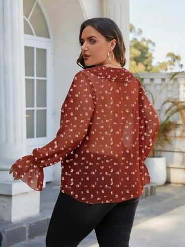 Charming Ashley Plus Size Floral Blouse for Women with Long Sleeve Ruffled Collar V Neck Tie Casual Top for Summer Spring Red — view 3