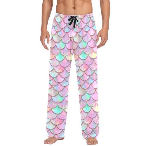 Men's Pink Mermaid Scales Pajama Pants with Pockets,Cotton Sleep Lounge Pant Men Pajama Bottoms S2
