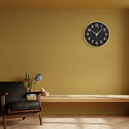 Image of HZDHCLH Black Wall Clocks Battery Operated,12 inch Silent Non Ticking Modern Clock for Wall, 3D Numbers Wall Clock for Kitchen Bedroom Living Room Office Classroom Decor (Black-Gold)