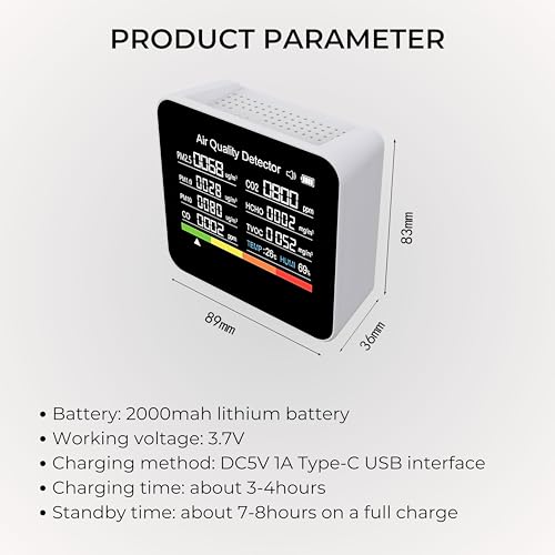 Image of DeWire 9-in-1 Air Quality Detector with Color Display - Multifunctional CO2, CO, HCHO, TVOC, PM2.5, PM10, PM1.0 Monitor with Temperature and Humidity Sensors, USB-C Rechargeable Type