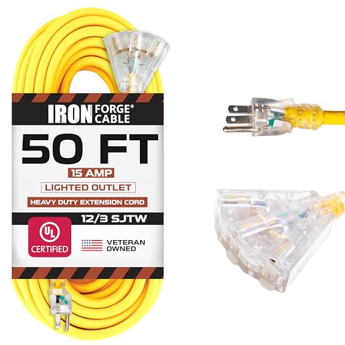 Iron Forge Cable 50 Foot Lighted Outdoor Extension Cord with 3 Electrical Power Outlets - 12/3 SJTW Heavy Duty Yellow Extension Cable with 3 Prong Grounded Plug for Safety, 15 AMP