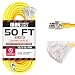 50 Foot Lighted Outdoor Extension Cord with 3 Electrical Power Outlets - 12/3 SJTW Heavy Duty Yellow Extension Cable with 3 Prong Grounded Plug for Safety