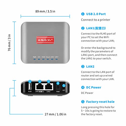 Atnedcvh Usb 2.0 Wifi Print Server, Wireless Lan Print Share Server For Usb Printers,Raw Ipp Print Protocol 10/100Mbps Usb Network Print Server Adapter For Win 7 8 10 / Linux/Mac Os (Grey) #TOP4