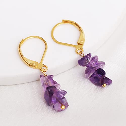 Gempires Natural Amethyst Earrings For Girls - February Birthstone Jewelry Gifts - Handmade Gemstone Jewelry - 14K Yellow Gold Plated Dangle Earring For Women (Amethyst) #TOP3