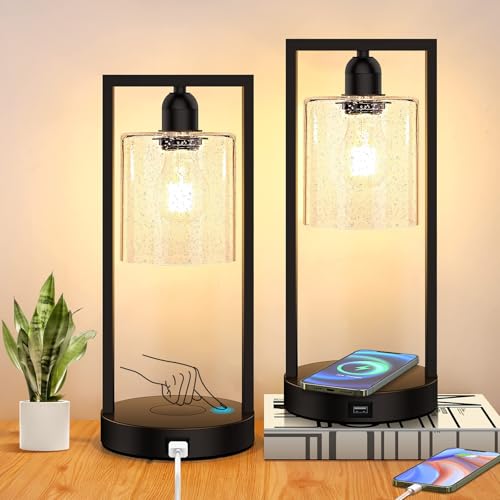 Wireless Charging Touch Control Table Lamp Set of 2, Dimmable Bedside Nightstand Lamps with USB...