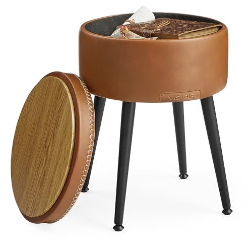 VASAGLE EKHO Collection - Storage Ottoman, Vanity Chair Stool, Synthetic Leather with Stitching, Mid-Century Modern, Round Storage Seat with Steel Legs, Loads 330 lb, Caramel Brown ULOM005K0
