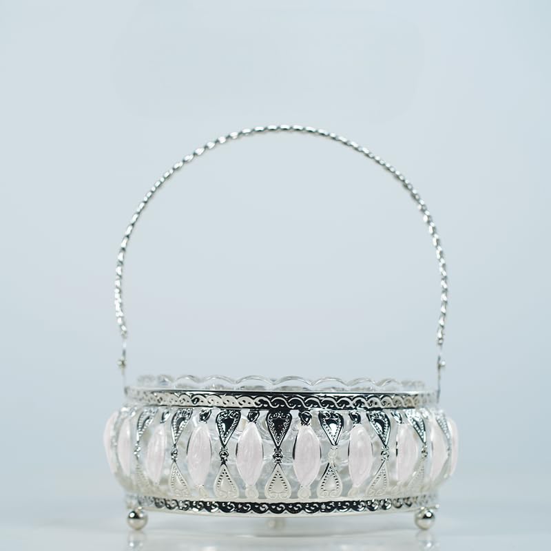 Dora Gifting Luxury Silver Plated Decorative Basket Bowl with Handle, Serving Bowl, Perfact for Home Decor, Center Table Bowls,Urli Bowl, Wedding Gifts, Dining Tableware, Color - White