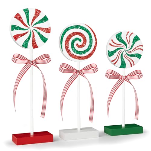 3 Pieces Christmas Table Decorations Wood Candy Set, Red and Green Christmas Tiered Tray Decor,Rustic Candy Table Decorations for Home Tables (Red and Green)