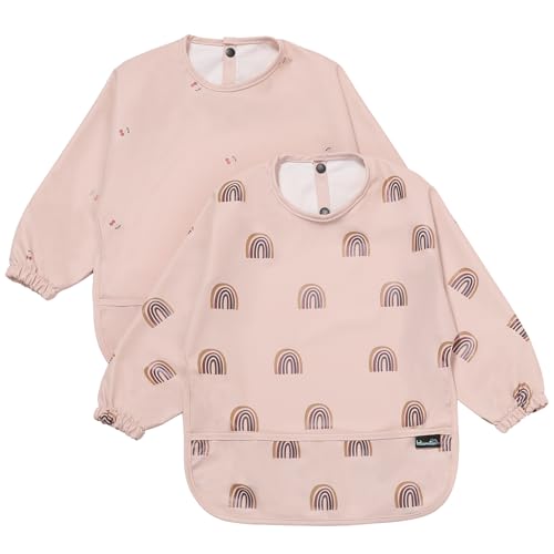 Hiumotan Feeding Bib & Baby Bib with Long Sleeves & BLW 2PCS, Soft and Skin-Friendly Material, Coverall Bibs for Baby Feeding, Waterproof and Easy to Clean & Machine Washable, Infant Toddlers (Pink)