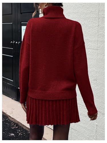 Image of MakeMeChic Women's Sweater Skirt Sets 2 Piece Outfits Ribbed Knit Mock Neck Sweater Pullovers A Line Mini Skirt Set S-Red Large