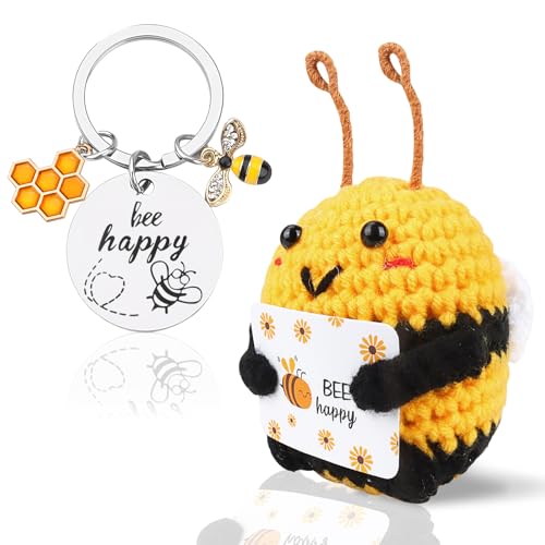 Peluche Abeille Positive, Pocket Hug Cadeau de Soutien Émotionnel avec Carte 'BEE Happy', Mini Poupée en Peluche Tricotée Porte-Bonheur Mignon, Cadeau pour Anniversaire, Décoration, Femme, Homme