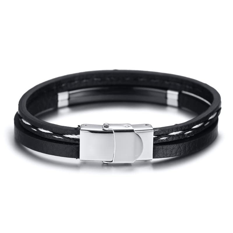 VNOX Custom Personalised Stainless Steel Braided PU Leather Black Plated Message ID Tag Wrap Wristband Bangle Bracelet for Men Women,Free Engraving