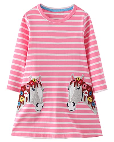 Image of Girls Cotton Long Sleeve Casual Cartoon Appliques Striped Jersey Dresses