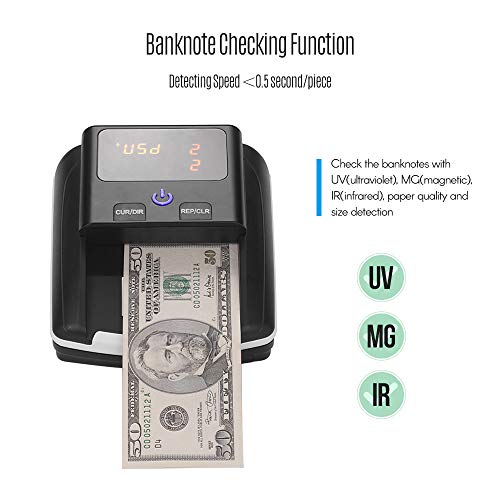 BISOFICE Portable Small Banknote Bill Detector Denomination Value Counter UV/MG/IR Detection with Battery Counterfeit Fake Money Currency Cash Checker Tester Machine for USD Euro