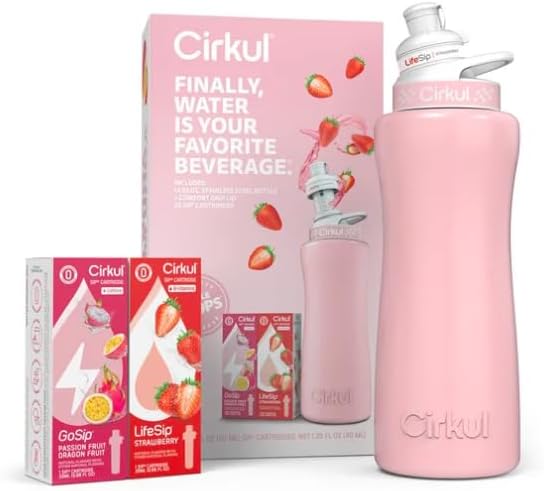 Cirkul Kit de inicio de botella de agua de acero inoxidable de oro rosa de 32 onzas con tapa de oro rosa y 2 cartuchos de sabor (fresa y fruta de la
