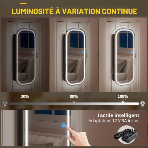 LVSOMT LED Ovale Armoire à Bijoux avec Miroir, Montage Mural/Porte, Noir – vue 3