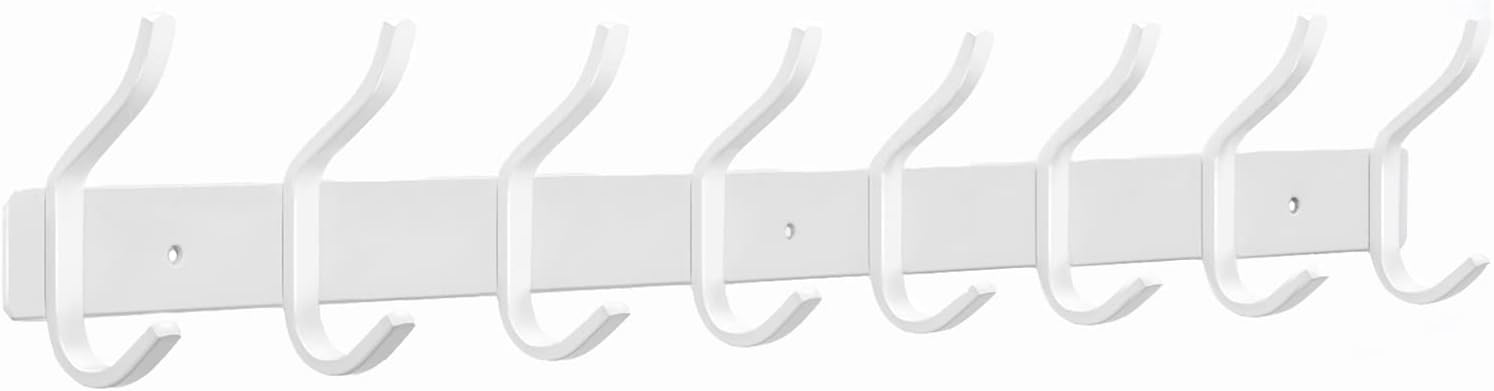 white wall hooks heavy duty, 23 inch coat hooks wall mount with 8 hooks, wall hooks hangers for entryway, bathroom - for hanging backpack, bag, coat, purse, hat, towel, clothes white 8 hooks