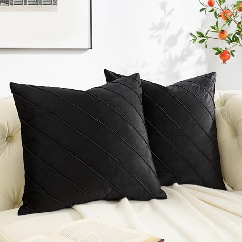 Image of GIGIZAZA Decorative Velvet Pillow Covers 16x16, Set of 2 Black Sofa Couch Throw Pillows Covers Cases, Living Room Square Cushion Accent Stripe Covers