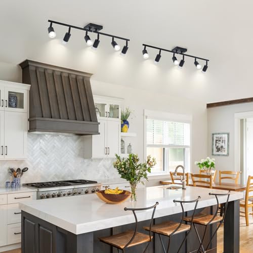Image of 6-Light Kitchen Track Lighting, Black Adjustable GU10 Track Ceiling Light Kit, Industrial Flush Mount Ceiling Spotlight Fixture for Hallway, Dining Room