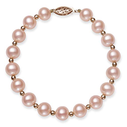 Belacqua Natural Pink Cultured Freshwater Pearl Beaded Bracelet in 14K Rose Gold, Size - 7.5-8.5mm, Length - 7.5 Inches, Fliligree Fishhook Clasp, Real Pearl Jewelry for Women, Gift Box Included