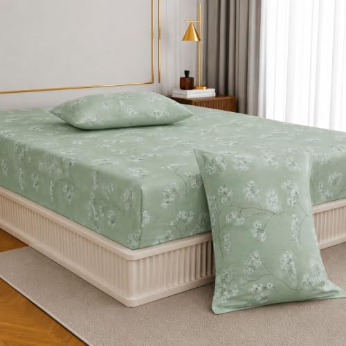 Image of Jaipur Weaves Queen Size Fitted Bedsheet Cotton with Elastic, 100% Pure Cotton Double Bed Fitted Sheet with 2 Pillow Covers, 240 TC,60x78 Inches up to 8-inch Mattress,Floral Design(Green)