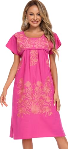 Image of YZXDORWJ Women Mexican Embroidered Long Dress Ruffle Collar Maxi Boho Floral Summer Short Sleeve