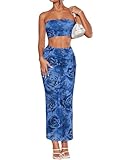 Floerns Women's 2 Piece Outfit Floral Print Crop Tube Top and Pencil Skirt Set Blue Small