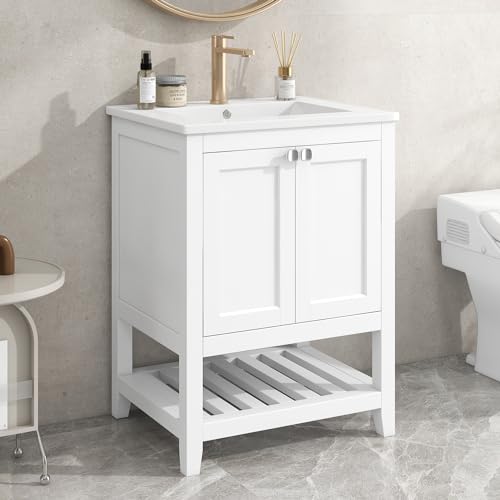 Generisch Mueble de baño individual con armario bajo 60 cm con lavabo de cerámica, color blanco