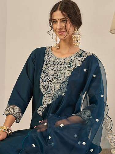 Image of VredeVogel Kurta Set with Dupatta | Viscose Rayon Embroidered Kurta Set for Women | Women's Ethnic Casual Kurti Set |Kurta Pant Festive Suit