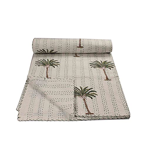 Edredón de algodón Kantha con estampado de palmeras hecho a mano para un dormitorio exótico 3