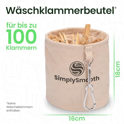 SimplySmooth Wäscheklammerbeutel für bis zu 100 Wäscheklammern - Klammerbeutel aus 100% Baumwolle mit extra großen Karabinern zum Aufhängen - Wäscheklammerkorb mit Verschluss