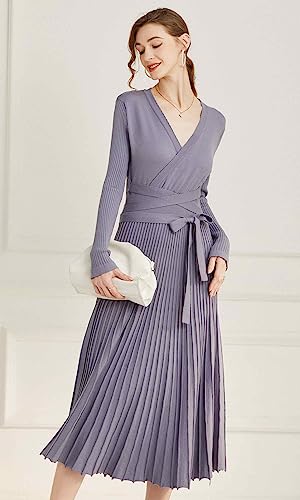 Image of Women's Long Sleeve Sweater Dress Ankle Length Fall Dress Vneck Knit Winter Dress