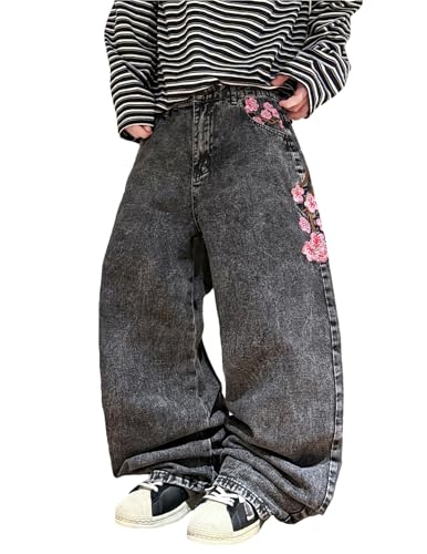 QGRSWBC Men's Baggy Jeans Blossom Embroidery Pattern Wide Leg Y2K Jeans Mid Rise Denim Pants Streetwear Snowflake Grey M