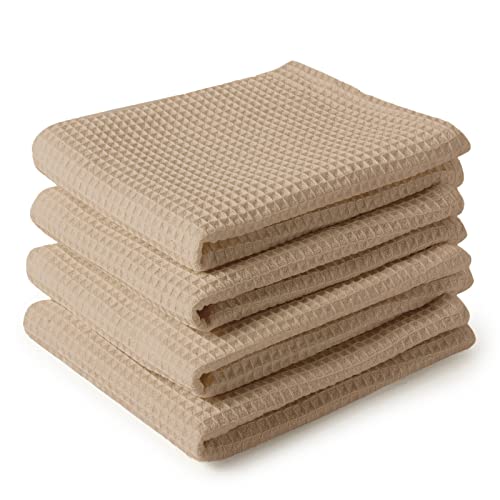 Encasa XO Serviettes de Cuisine et Gants de Toilette en Coton | Beige | Torchon Texturé et à Tissage Plat | Ensemble de Torchons | 70x45 cm | Réutilisable et Séchage Rapide Lot de 4