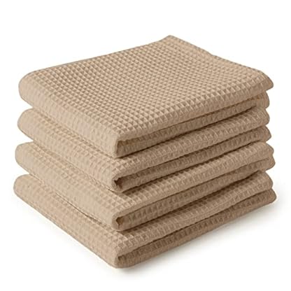 Encasa XO Küchenhandtücher und Waschlappen aus Baumwolle | Beige | Waffel- und Flachgewebe-Geschirrtuch | Geschirrtuch-Set | 70x45 cm | Wiederverwendbar und schnell trocknend 4er-Satz