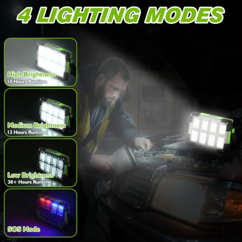 Image of Solar Rechargeable Work Light, 144 LED 10000LM Led Work Light with 4 Modes | Portable Flood Light with Stand, IP66 Waterproof Outdoor Working Light for Emergency Mechanic Camping Repair