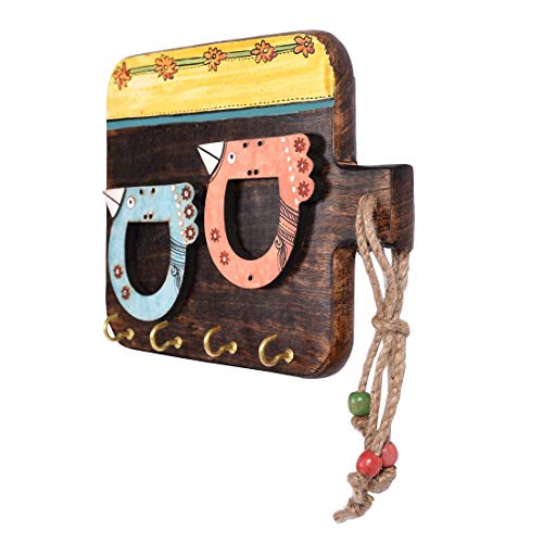 Image of AAKRITI ART CREATIONS Key Holder, Handcrafted Tribal Art Two Birds Design Key Hanger | Rustic Wood Wall Organizer with 4 Hooks | New Home Gifts | Multifunctional Entryway Decor