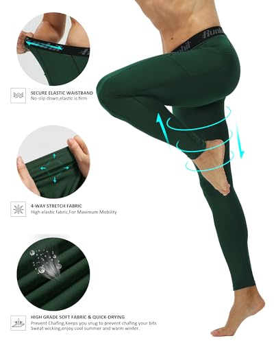 Image of Runhit Mens Compression Pants Running Tights Pockets Sports Leggings Spandex Workout Cycling Athletic Thermal