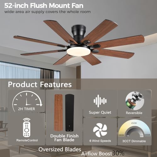 Image of JSAITEE Ceiling Fans with Lights, 52 Inch Low Profile Ceiling Fan,Brown | Ceiling FanCeiling with Light Flush Mount, DC Reversible Motor, Noiseless, 6 Speeds Ceiling Fan for Bedroom Indoor