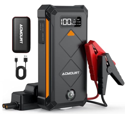 Acmount Paquete de energía de arranque, 4000 A, arrancador de batería de coche para vehículo de 12 V (hasta 10 L de gas, 8 L de diésel), cargador de batería portátil de coche con cables de arranque