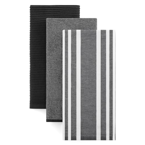 Image of Homaxy Premium Kitchen Towels(18 inchx 28 inch, 3 Pack), Large Cotton 380 GSM Kitchen Hand Towels, Soft and Absorbent Terry Dish Towels, Multipurpose Tea Towel Set with Hanging Loop, Black