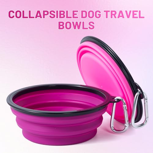 Image of Dog Bowl Pet Collapsible Bowls, 2 Pack Collapsible Dog Water Bowls for Cats Dogs, Portable Pet Feeding Watering Dish for Walking Parking Traveling with 2 Carabiners (Pink+Purple, Medium)