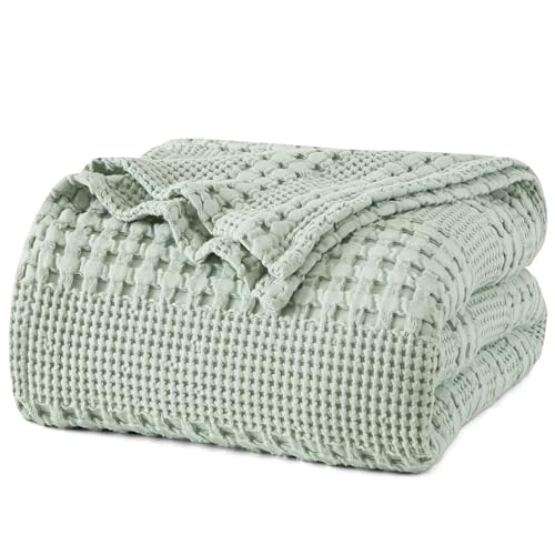 Image of PHF 100% Cotton Waffle Weave Blanket King Size for Bed, Soft Lightweight & Breathable, All-Season Comfort, 300 GSM Luxury Aesthetic Blanket for Home Decor, 108"x90", Mint Green