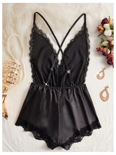 OYOANGLE Women's Satin Nightgowns Lace Deep V Neck Teddy Lingerie Sleeveless Romper Sleepwear2