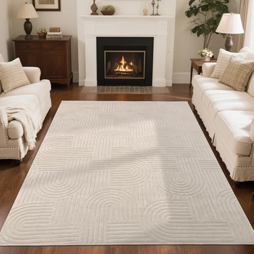 SHACOS Soft Cozy Fluffy Arch Pattern High Low Pile Area Rugs 5'x7' Non Slip Washable Scandinavian Minimalist Rug Modern Geometric Arc Carpet for Living Room Bedroom Dining Room, Beige