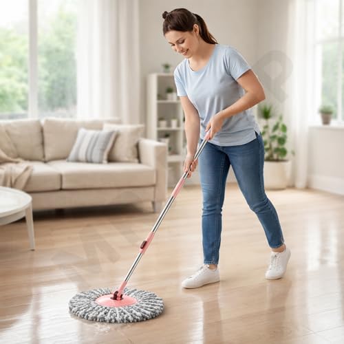 Image of Mr.Mop 360 Spin Universal Stick Rod with 1 Microfiber Grey Refill | Magical Extendable Handle Pocha for Floor Cleaning - Peach Rod Set + 1 Refill