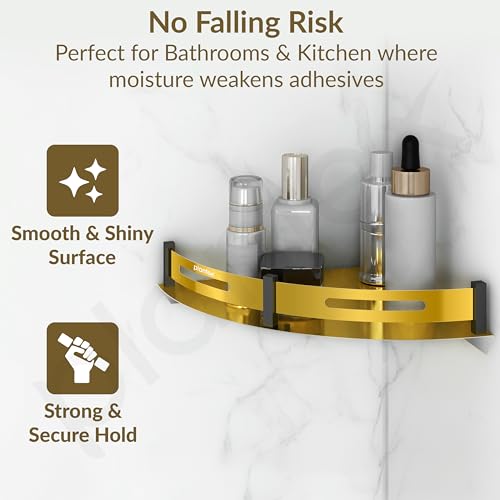 Image of Plantex Bathroom Corner Rack for Wall /Stainless Steel Shelf for Bathroom Corner with Railings /Bathroom Accessories Holder (12x12 inches, PVD Gold & Black)