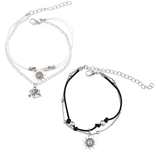 Preisvergleich Produktbild YINETTECH Fußkettchen 2 Stück Schwarze / Weiße Elefanten Sonne Mehrschichtige Kombination Fußkettchen Fußkettche Silber