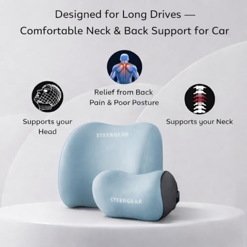 Image of Car Neck Rest Pillow & Lumbar Support Pillow - 100% Memory Foam Ultra Soft Car Seat Cushions | Relieves Neck & Back Pain While Reducing Driving Fatigue (Blue)